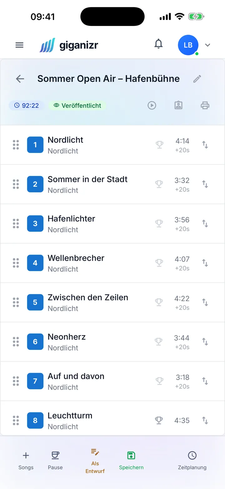 Setlist auf dem iPhone mit nummerierten Songs und Spielzeiten